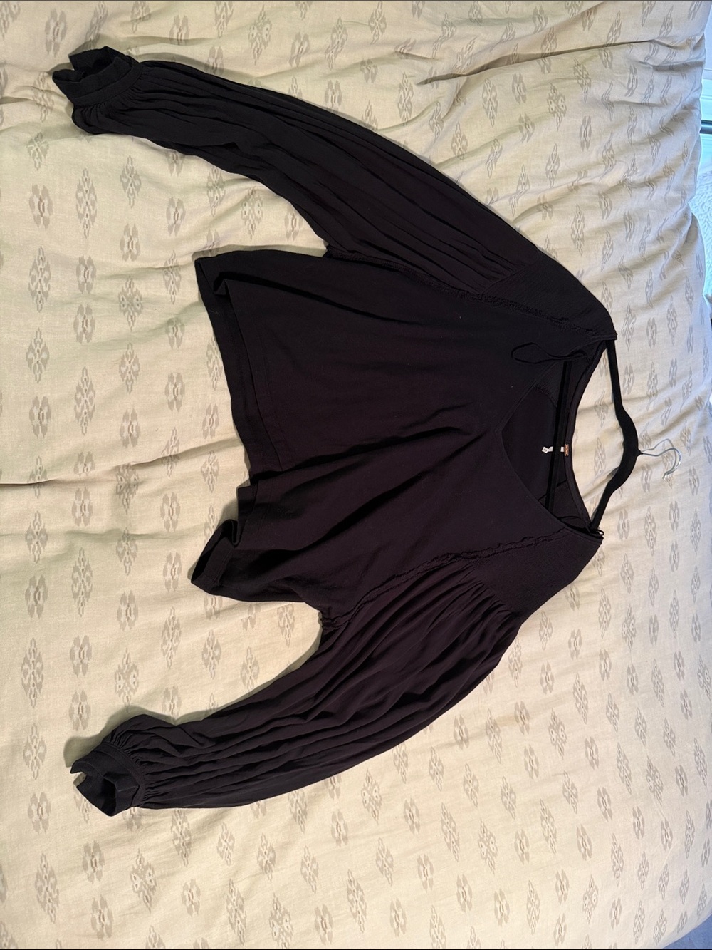 Free People Black Pleated Balloon-Sleeve Long-Sleeve Top